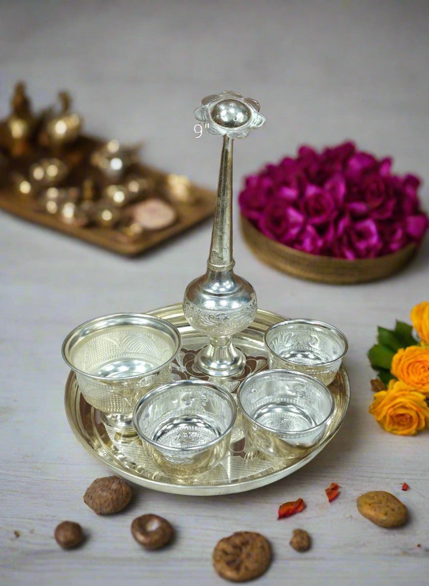German Silver Pooja thali Set/Welcoming Set of 6 Pieces